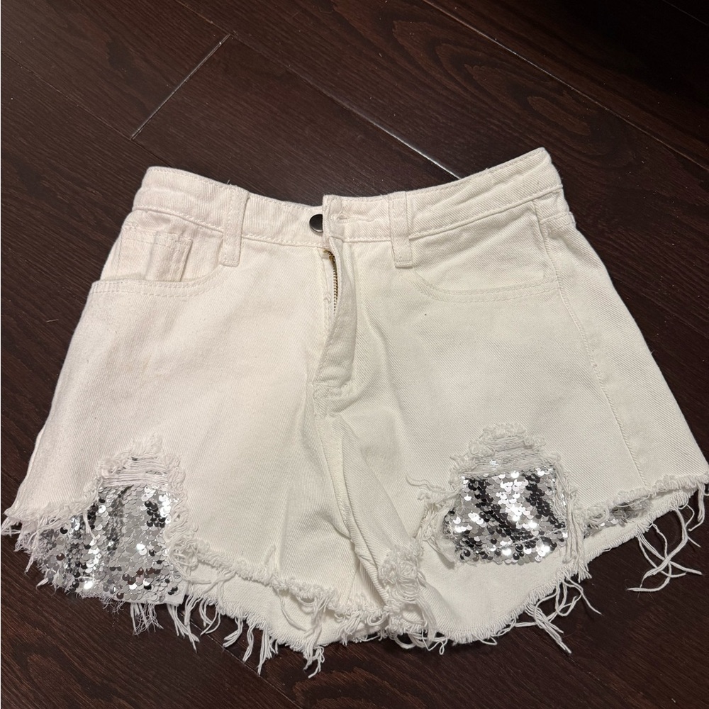 Stylish Cream Shorts with Silver Sequin Accents
